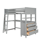 Loft Bed with Drawers and Desk, Wooden Loft Bed with Shelves