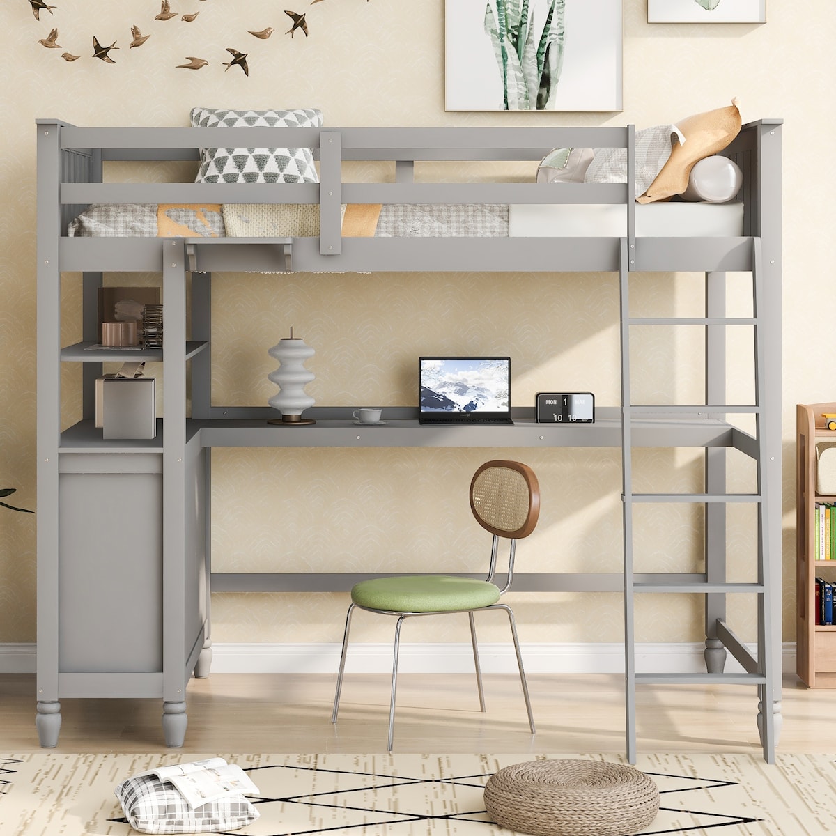 Loft Bed with Drawers and Desk, Wooden Loft Bed with Shelves