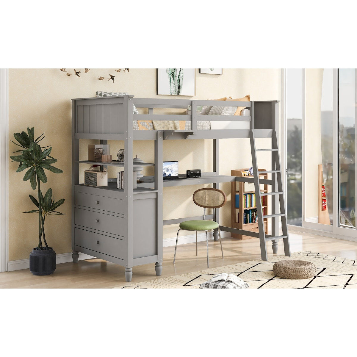 Loft Bed with Drawers and Desk, Wooden Loft Bed with Shelves
