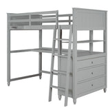 Loft Bed with Drawers and Desk, Wooden Loft Bed with Shelves