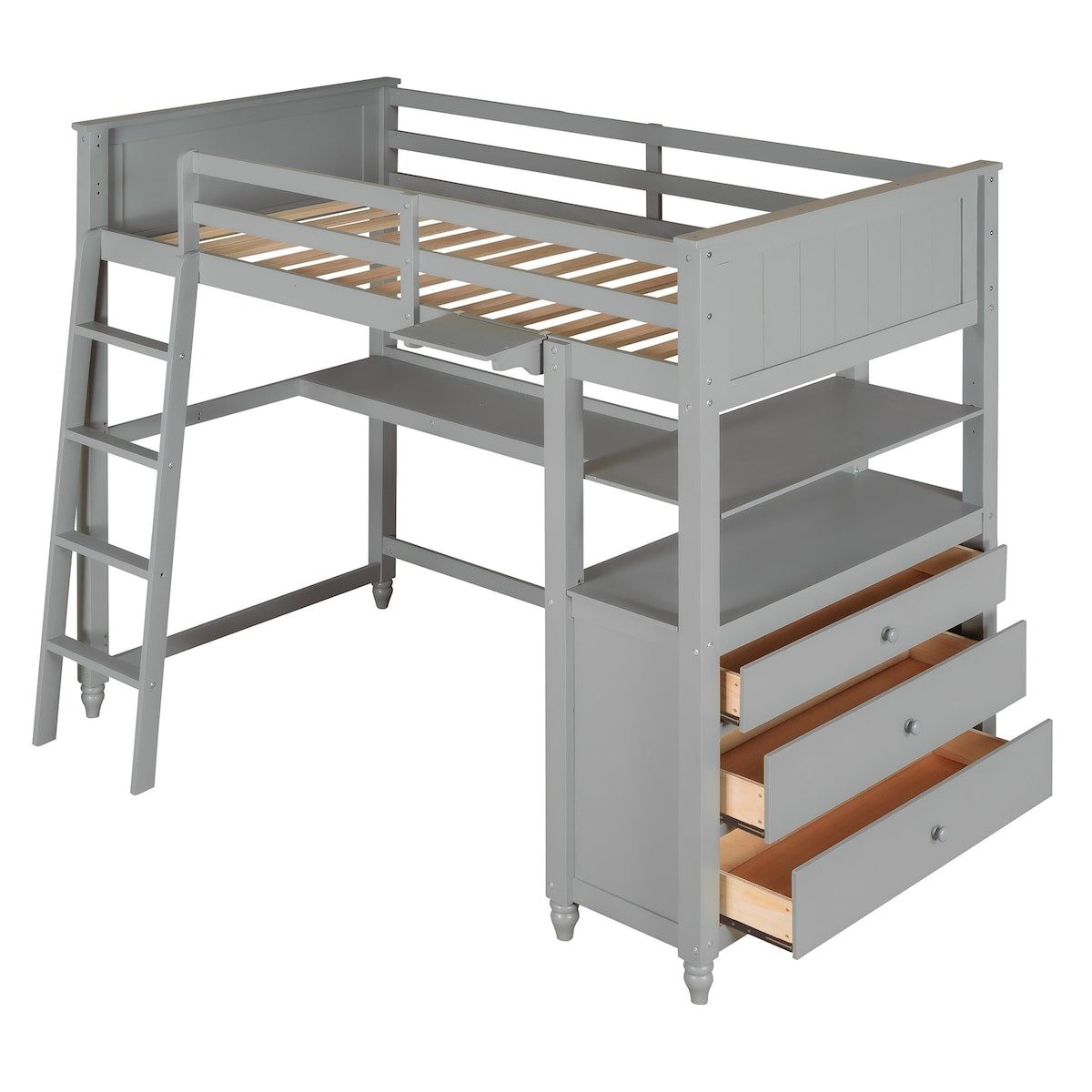 Loft Bed with Drawers and Desk, Wooden Loft Bed with Shelves