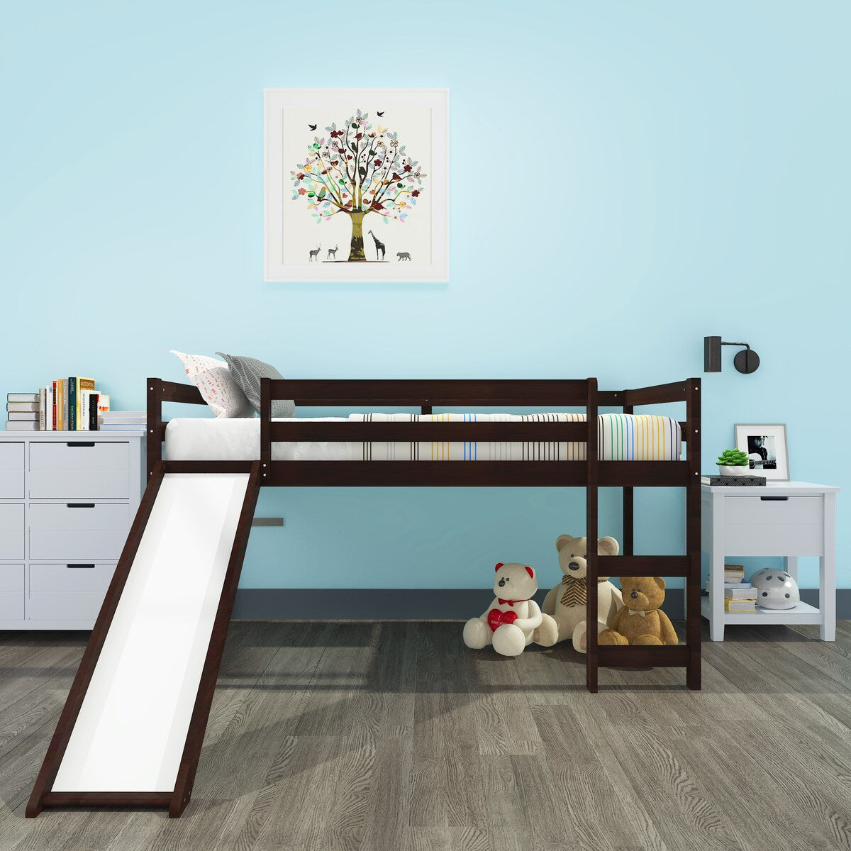 Loft Bed with Slide, Multifunctional Design, Twin(Espresso)