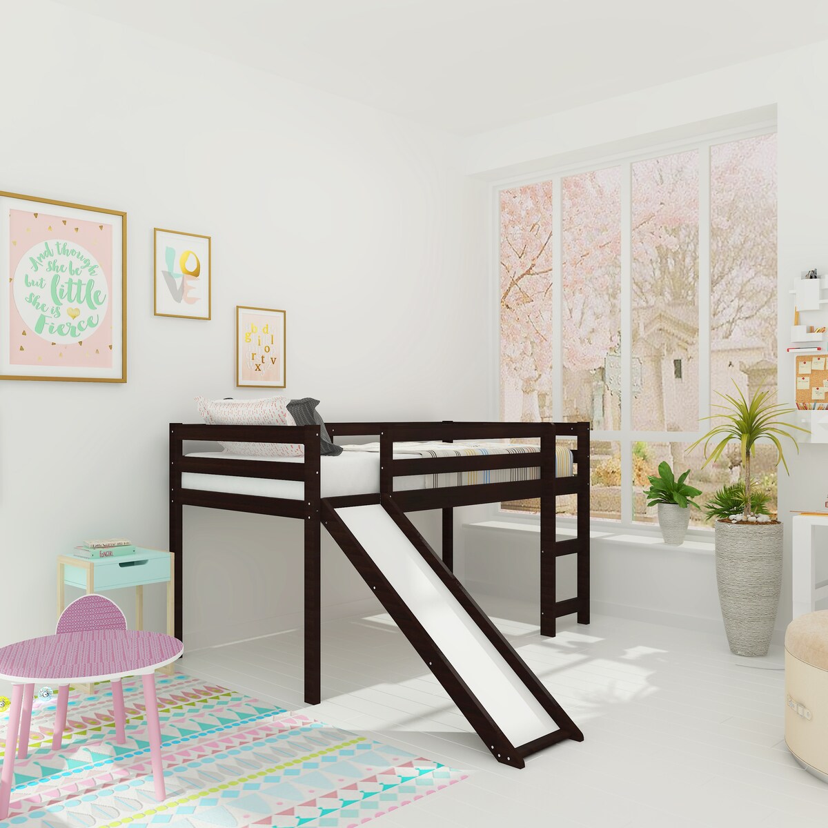 Loft Bed with Slide, Multifunctional Design, Twin(Espresso)