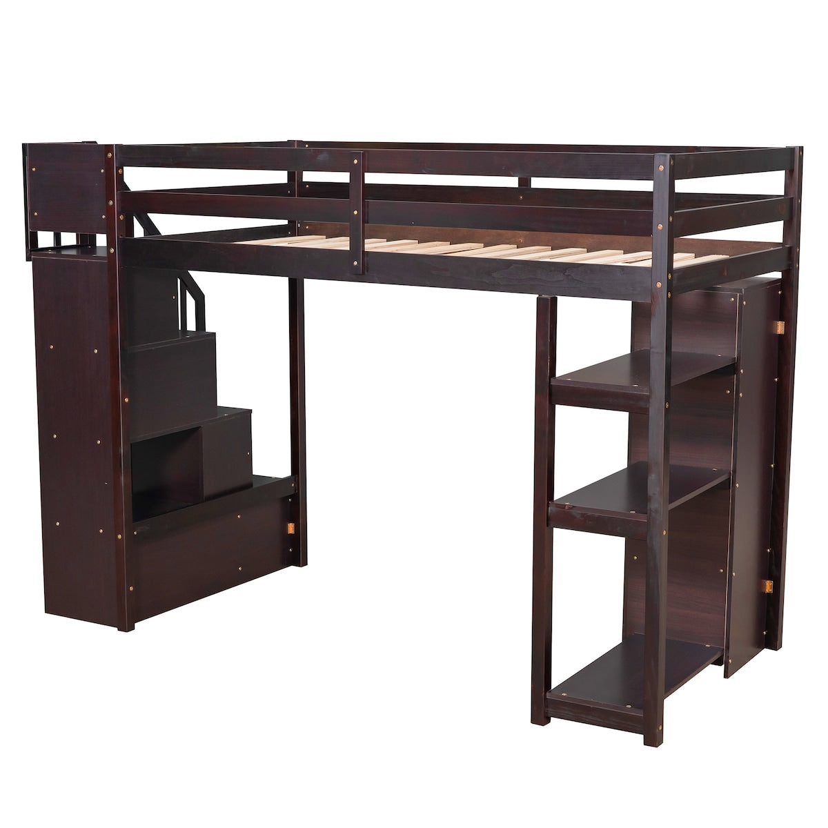 Loft Bed with Storage Drawers and Stairs, Wooden Loft Bed with Shelves