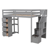 Loft Bed with Storage Drawers and Stairs, Wooden Loft Bed with Shelves