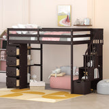 Loft Bed with Storage Drawers and Stairs, Wooden Loft Bed with Shelves