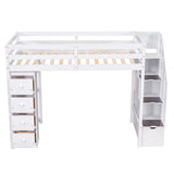 Loft Bed with Storage Drawers and Stairs, Wooden Loft Bed with Shelves
