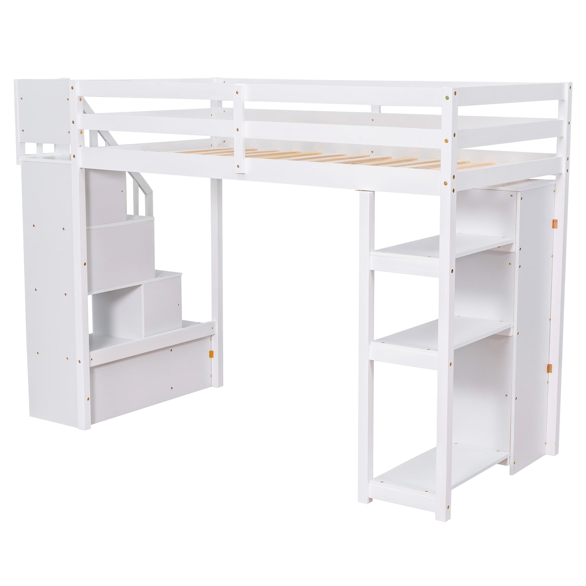 Loft Bed with Storage Drawers and Stairs, Wooden Loft Bed with Shelves