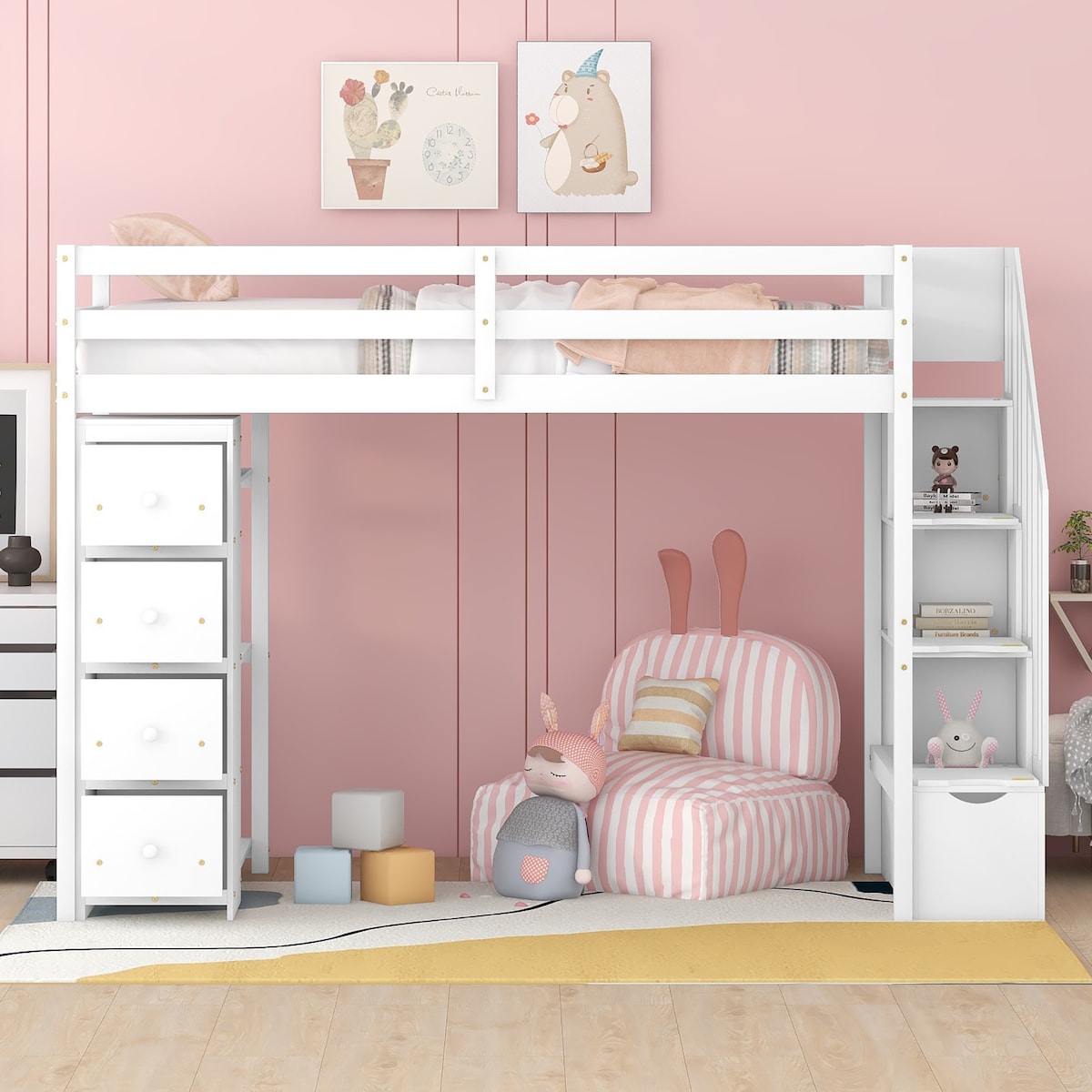 Loft Bed with Storage Drawers and Stairs, Wooden Loft Bed with Shelves