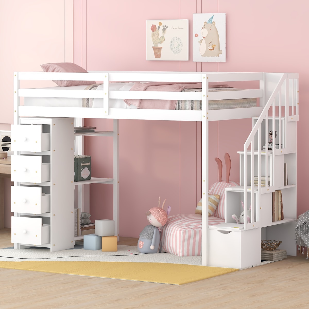 Loft Bed with Storage Drawers and Stairs, Wooden Loft Bed with Shelves
