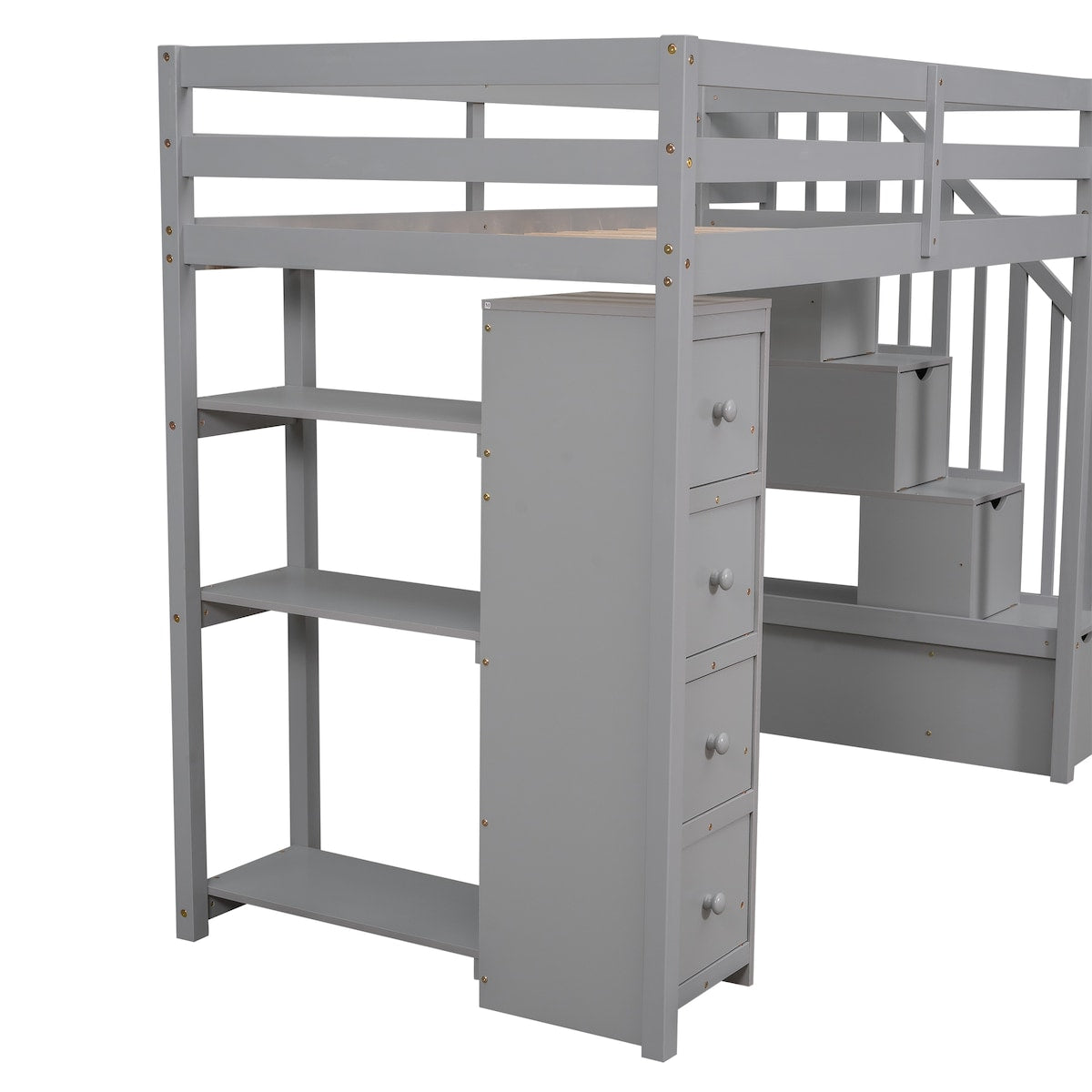 Loft Bed with Storage Drawers and Stairs, Wooden Loft Bed with Shelves