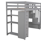Loft Bed with Storage Drawers and Stairs, Wooden Loft Bed with Shelves