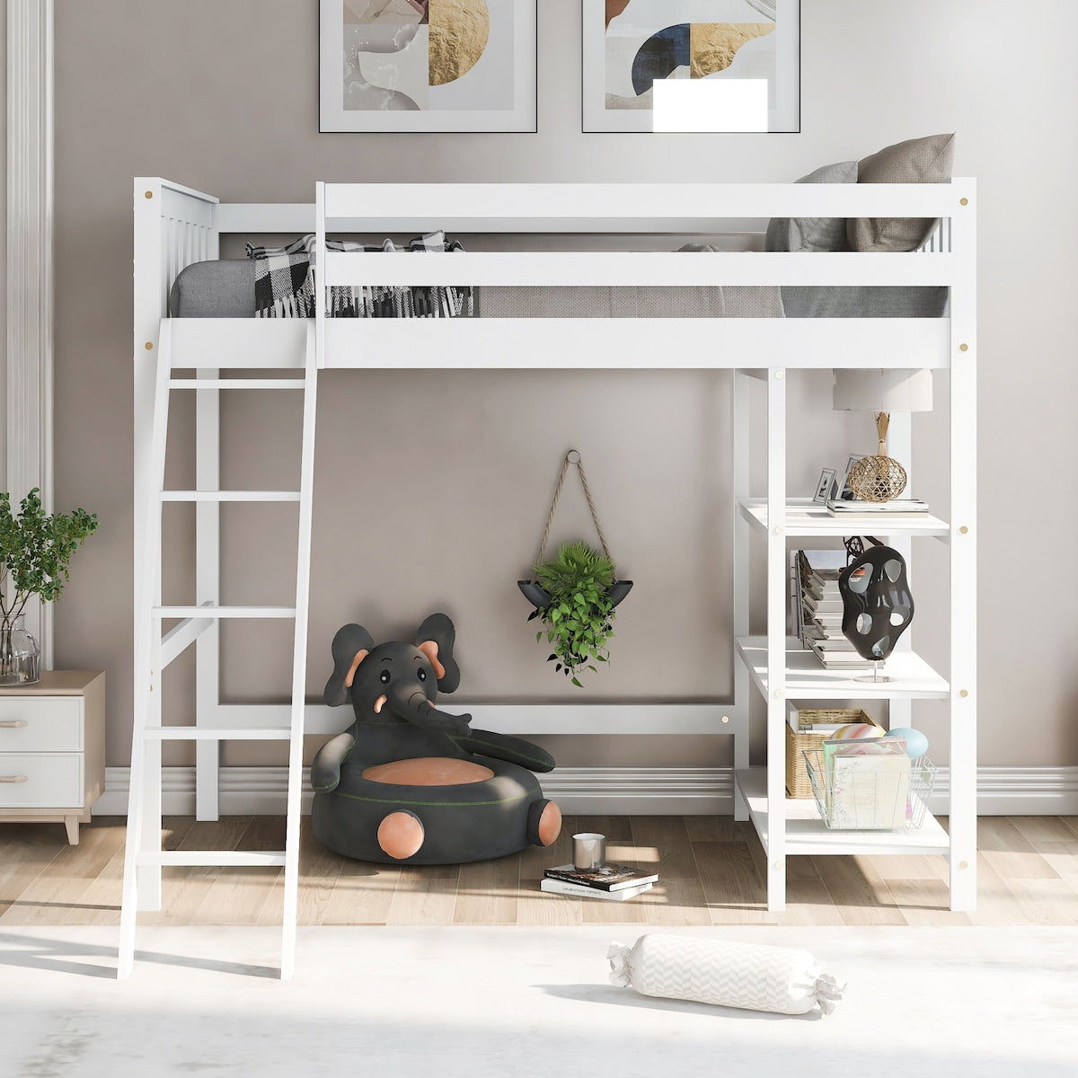 Loft Bed with Storage Shelves, Pine Wooden Loft Bed , No Box Spring Needed,Twin,White