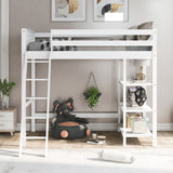 Loft Bed with Storage Shelves, Pine Wooden Loft Bed , No Box Spring Needed,Twin,White