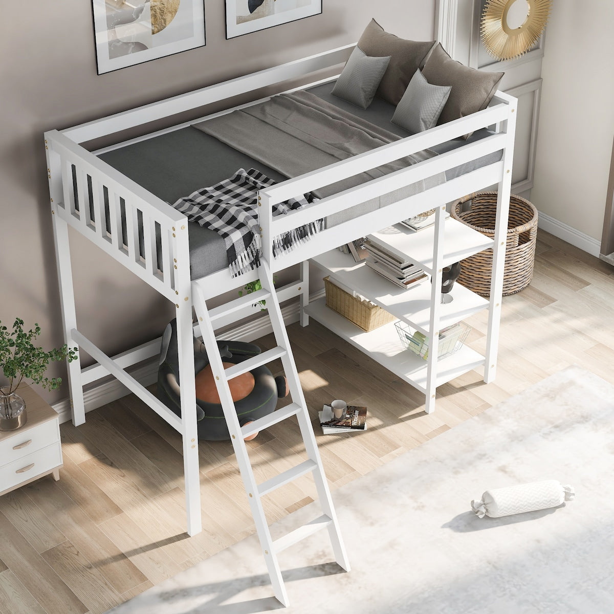 Loft Bed with Storage Shelves, Pine Wooden Loft Bed , No Box Spring Needed,Twin,White