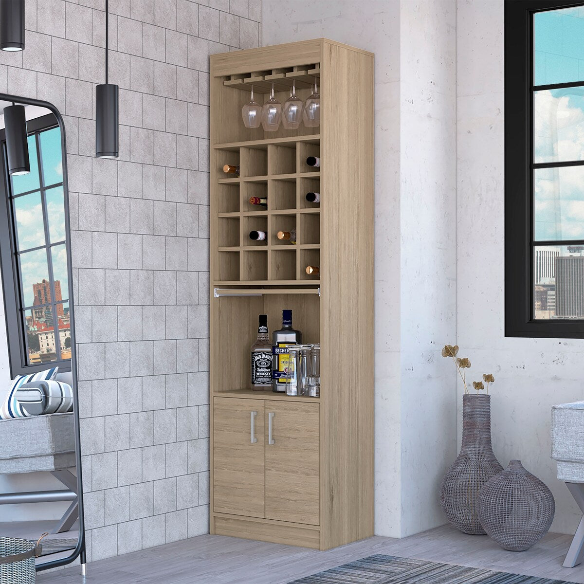 Lombard 16-Bottle 1-Shelf Bar Cabinet Black Wengue And Light Pine