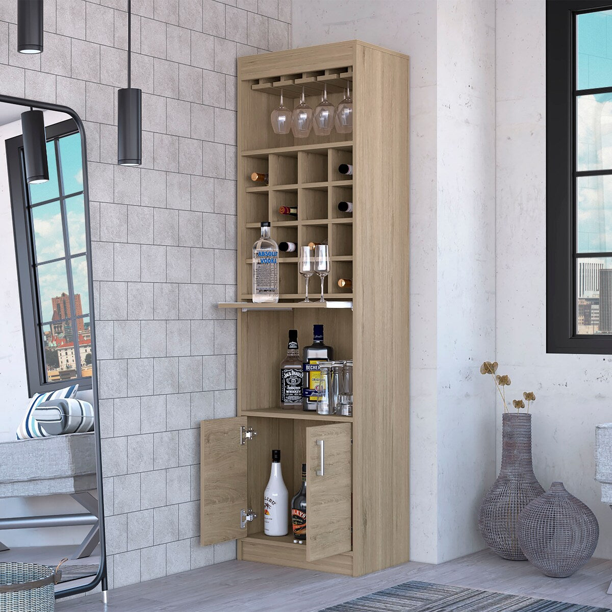 Lombard 16-Bottle 1-Shelf Bar Cabinet Black Wengue And Light Pine