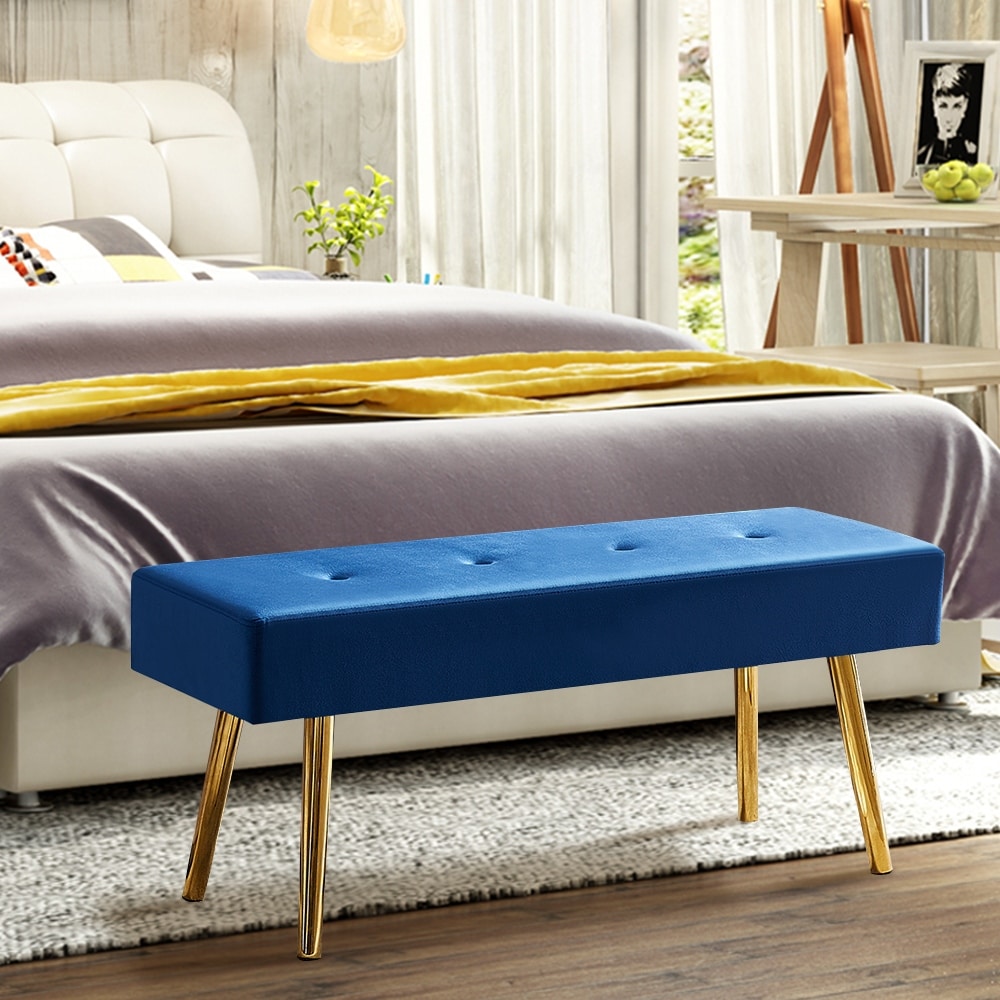 Long Bench Bedroom Bed End Stool Bed Benches Tufted Velvet With Gold Legs