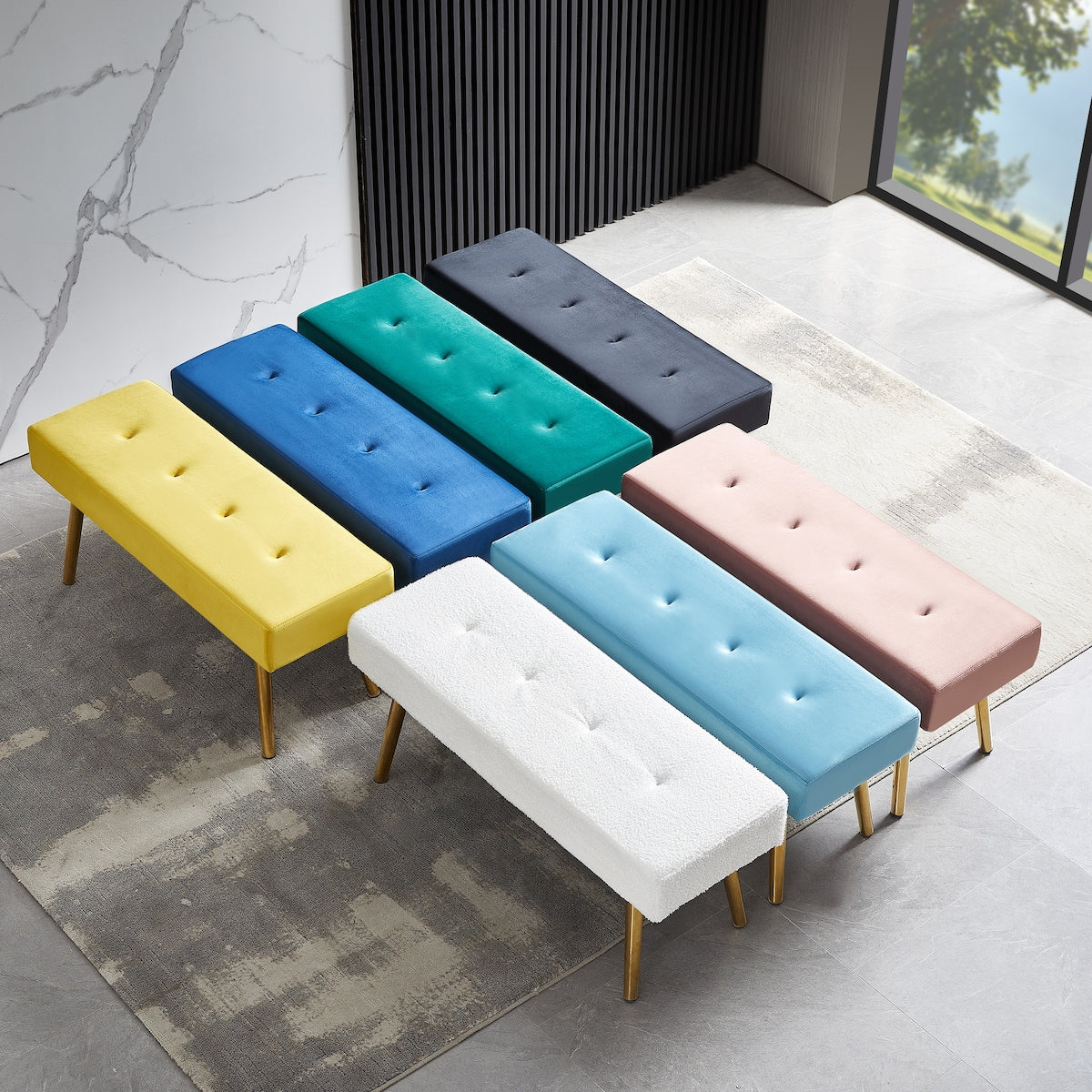 Long Bench Bedroom Bed End Stool Bed Benches Tufted Velvet With Gold Legs