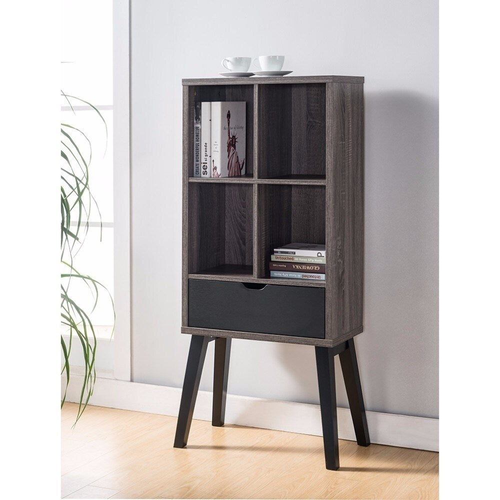 Long Legs Bookcase With One Center Base Drawer, Gray