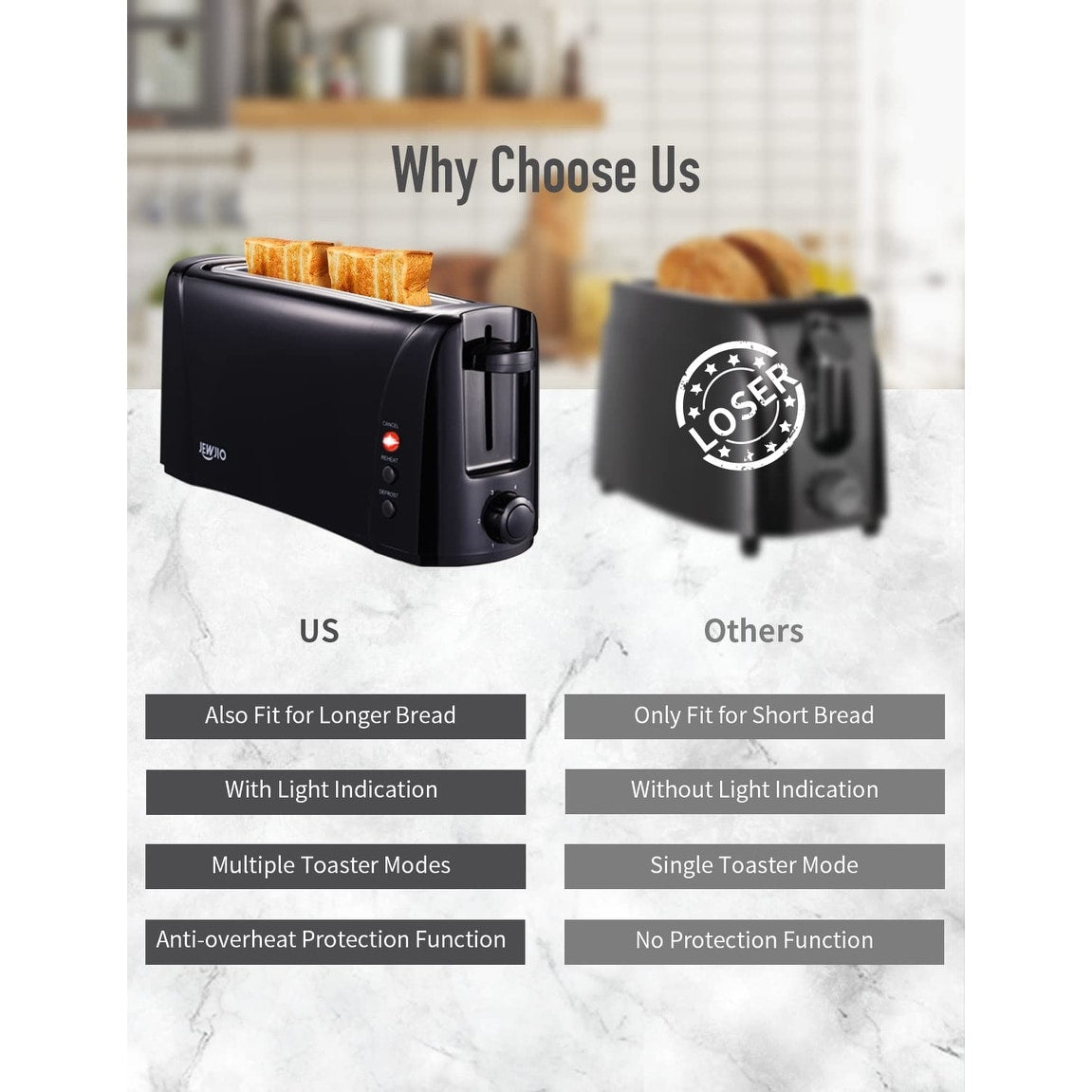 Long Slot Toaster 2 Slice Best Toaster 2 Slice Wide Slot, Vintage Black Toaster with Easy To Use, 1000w