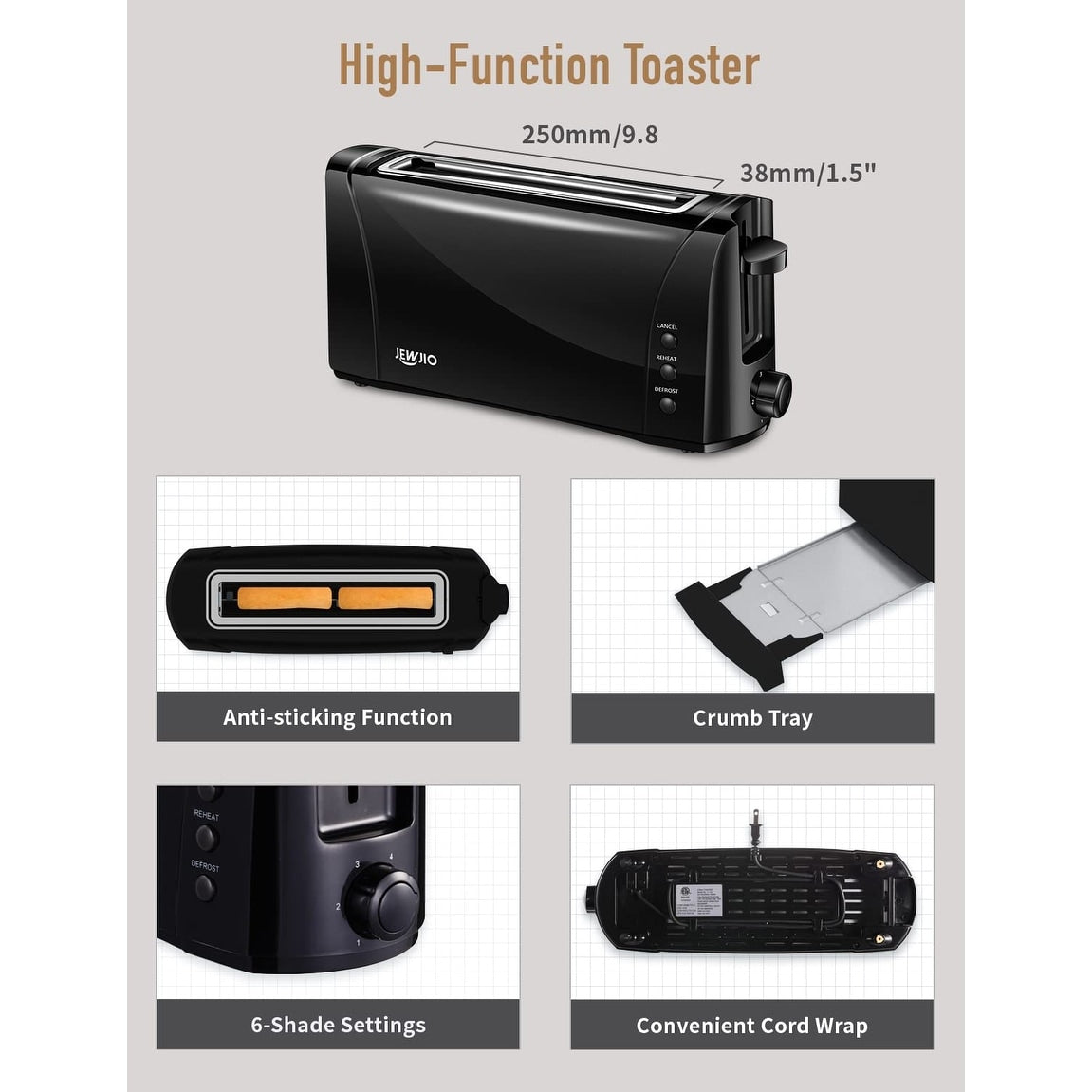 Long Slot Toaster 2 Slice Best Toaster 2 Slice Wide Slot, Vintage Black Toaster with Easy To Use, 1000w