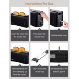 Long Slot Toaster 2 Slice Best Toaster 2 Slice Wide Slot, Vintage Black Toaster with Easy To Use, 1000w
