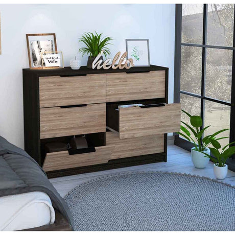 Longhill 6-Drawer Rectangle Dresser Black Wengue and Pine