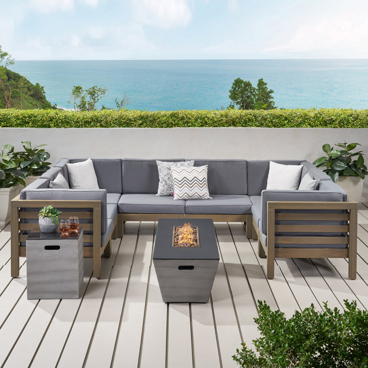 Lono Outdoor Modern 8 Seater Acacia Wood Sectional Sofa Set with Fire Pit and Tank Holder by Christopher Knight Home