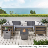Lono Outdoor Modern 8 Seater Acacia Wood Sectional Sofa Set with Fire Pit and Tank Holder by Christopher Knight Home