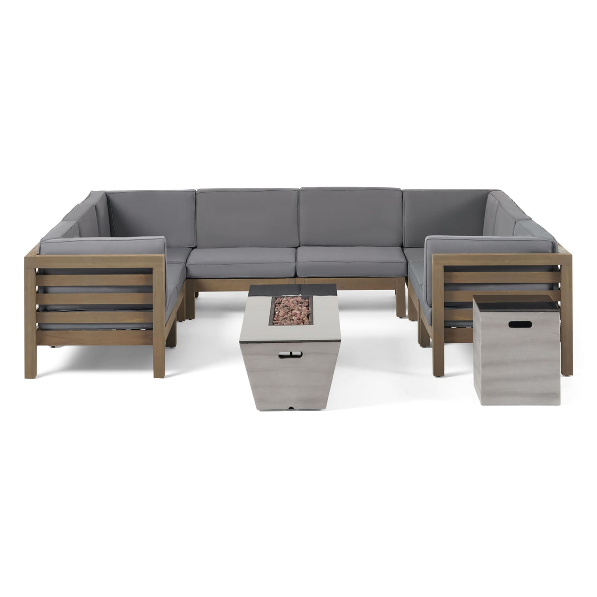 Lono Outdoor Modern 8 Seater Acacia Wood Sectional Sofa Set with Fire Pit and Tank Holder by Christopher Knight Home
