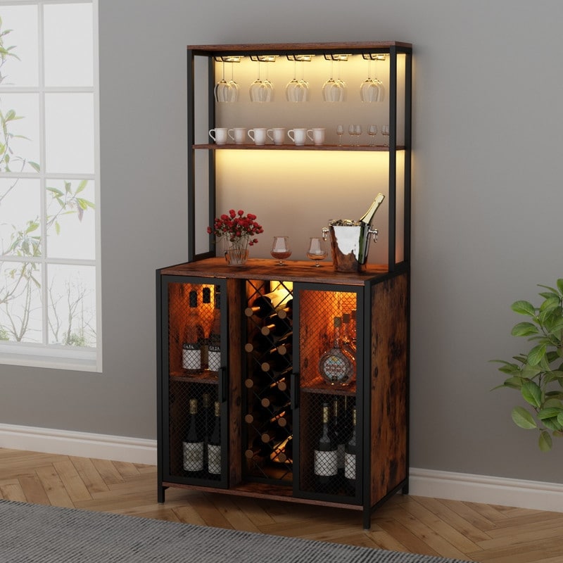 Loomie Wine Bar Cabinet with LED Lights, Rustic