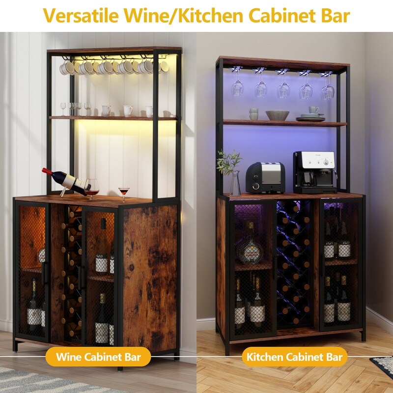 Loomie Wine Bar Cabinet with LED Lights, Rustic