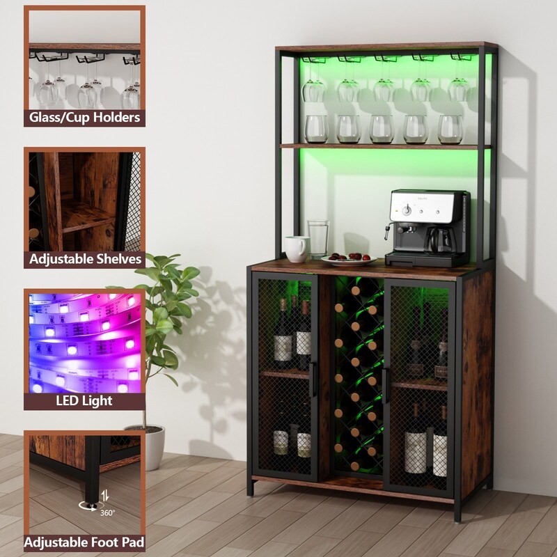 Loomie Wine Bar Cabinet with LED Lights, Rustic
