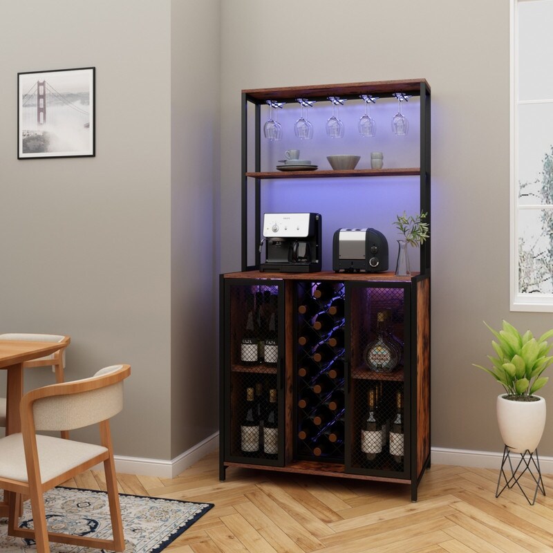 Loomie Wine Bar Cabinet with LED Lights, Rustic