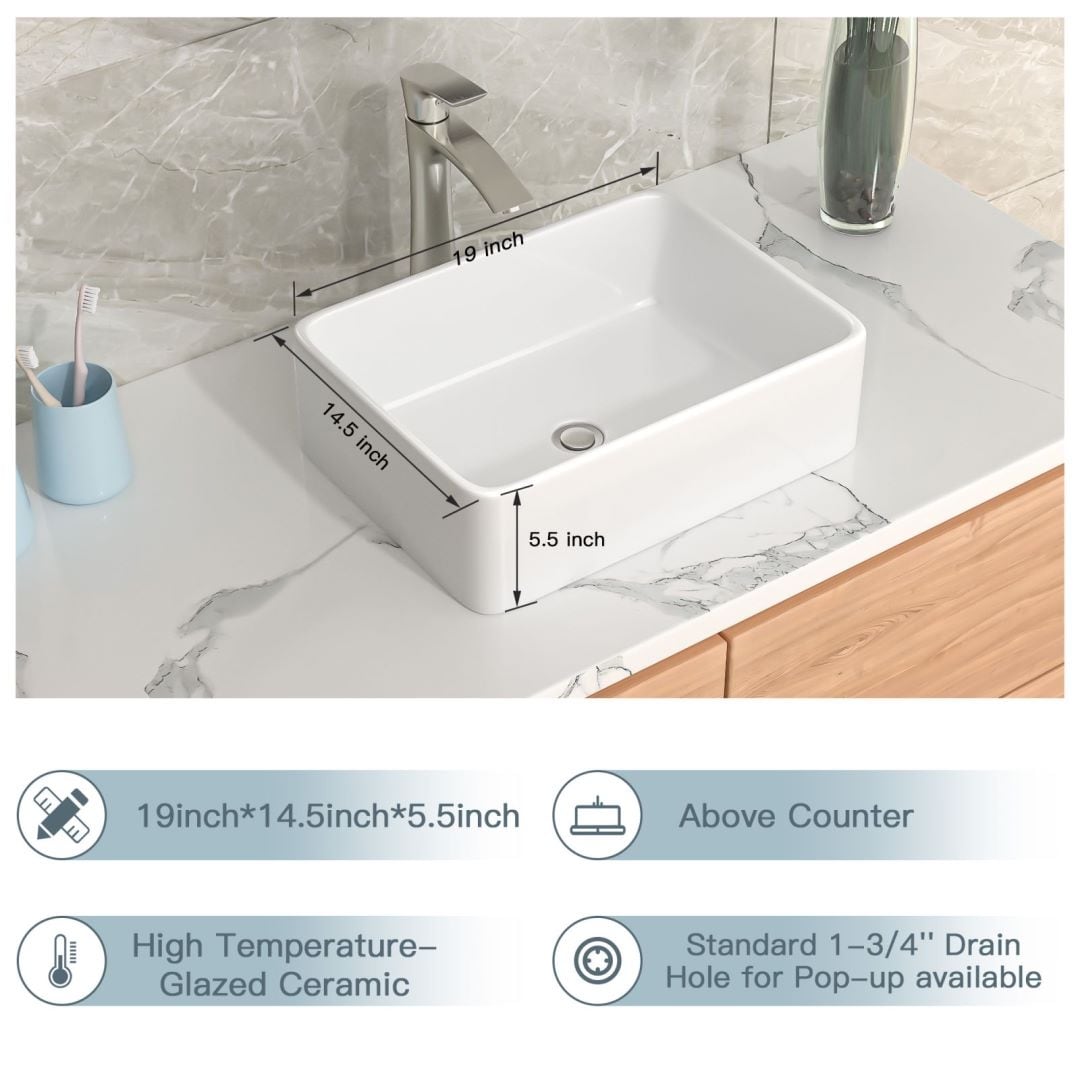 Lordear 19 inch Ceramic White/Black Bathroom Sink Rectangular Vessel Sink