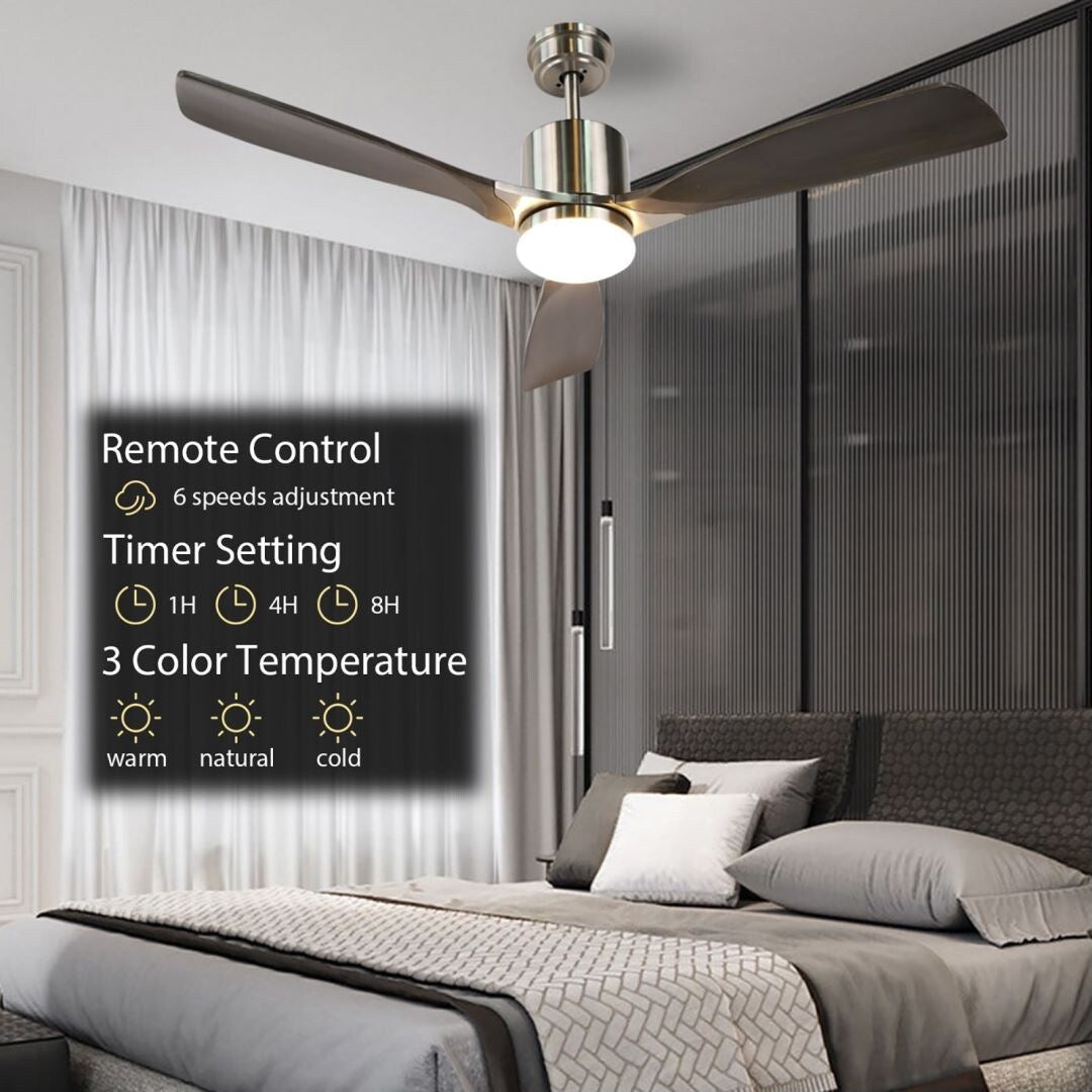 Lordear 52" Grizzle Gray Blade Brushed Finish Blade Arm Downrod Ceiling Fan with Dimmable Light