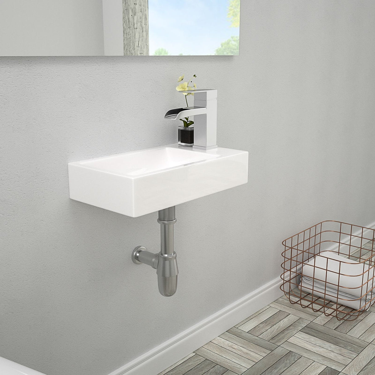 Lordear Bathroom Wall Mount Rectangle Corner Sink White Porcelain Ceramic Vessel Sink