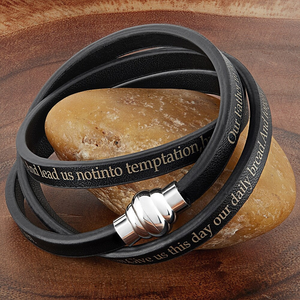 Lord's Prayer Stainless Steel Leather Wrap Bracelet (6mm)