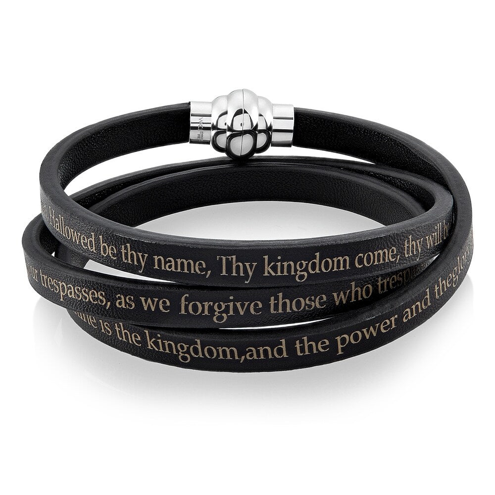 Lord's Prayer Stainless Steel Leather Wrap Bracelet (6mm)