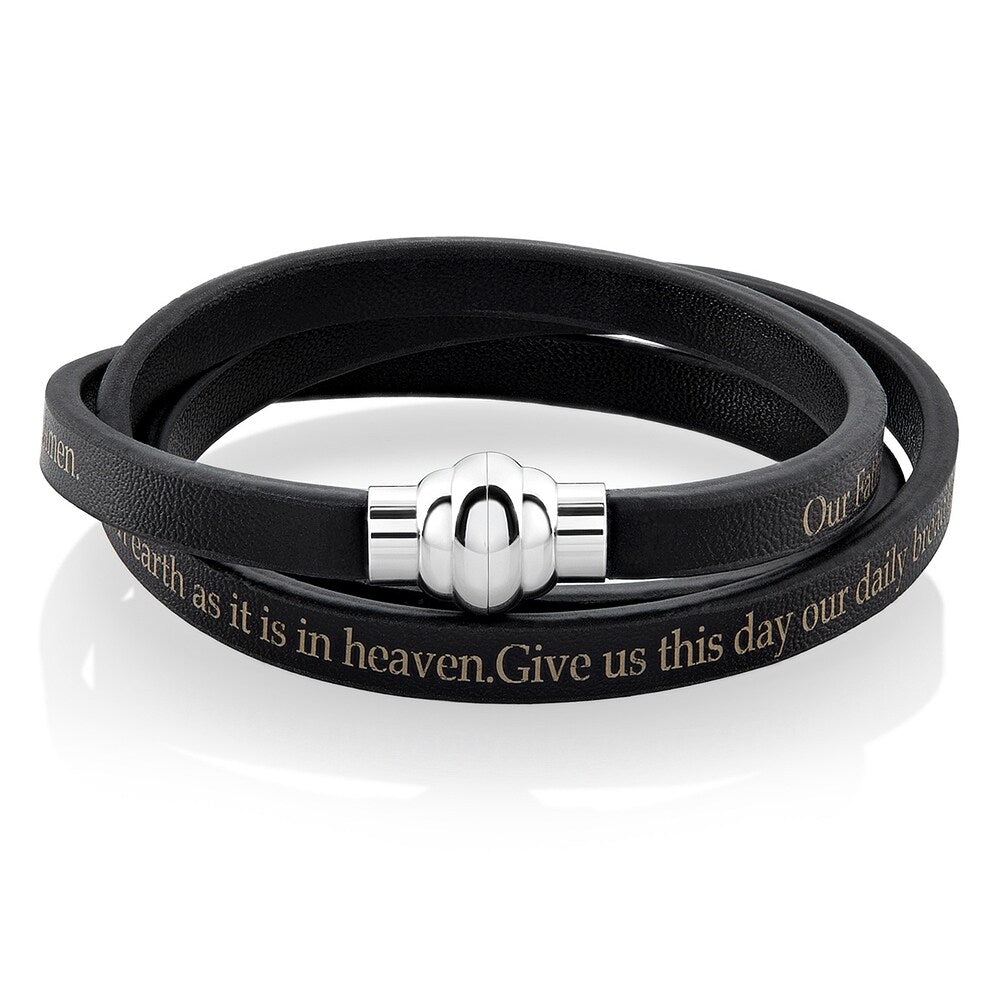 Lord's Prayer Stainless Steel Leather Wrap Bracelet (6mm)