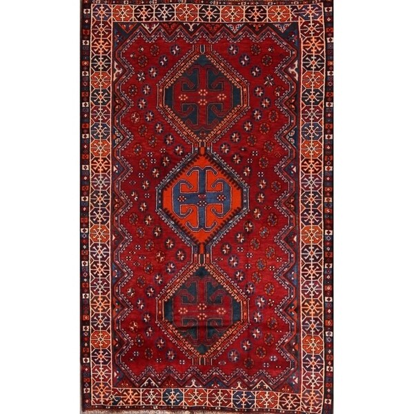 Lori Shiraz Hand Knotted Vintage Persian Area Rug Geometric Carpet - 8'0" x 5'0"