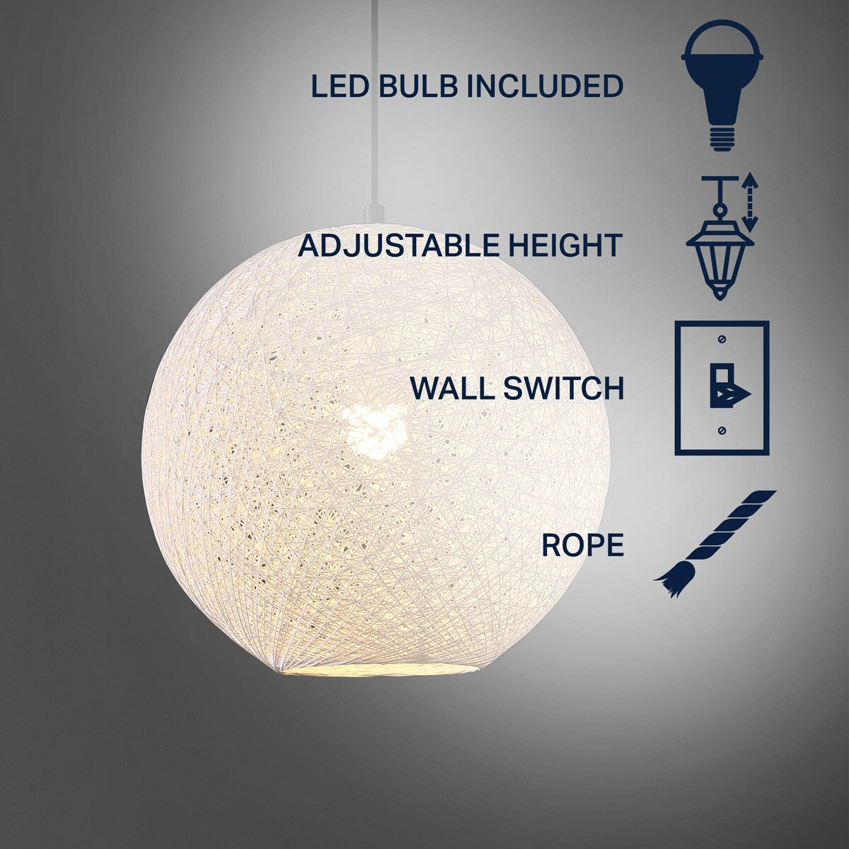 Louisa 1-Light Bohemian Minimalist Iron/Rope Woven Globe LED Pendant, White/Black by JONATHAN Y