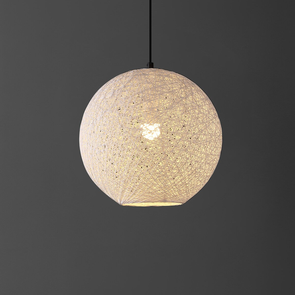 Louisa 1-Light Bohemian Minimalist Iron/Rope Woven Globe LED Pendant, White/Black by JONATHAN Y