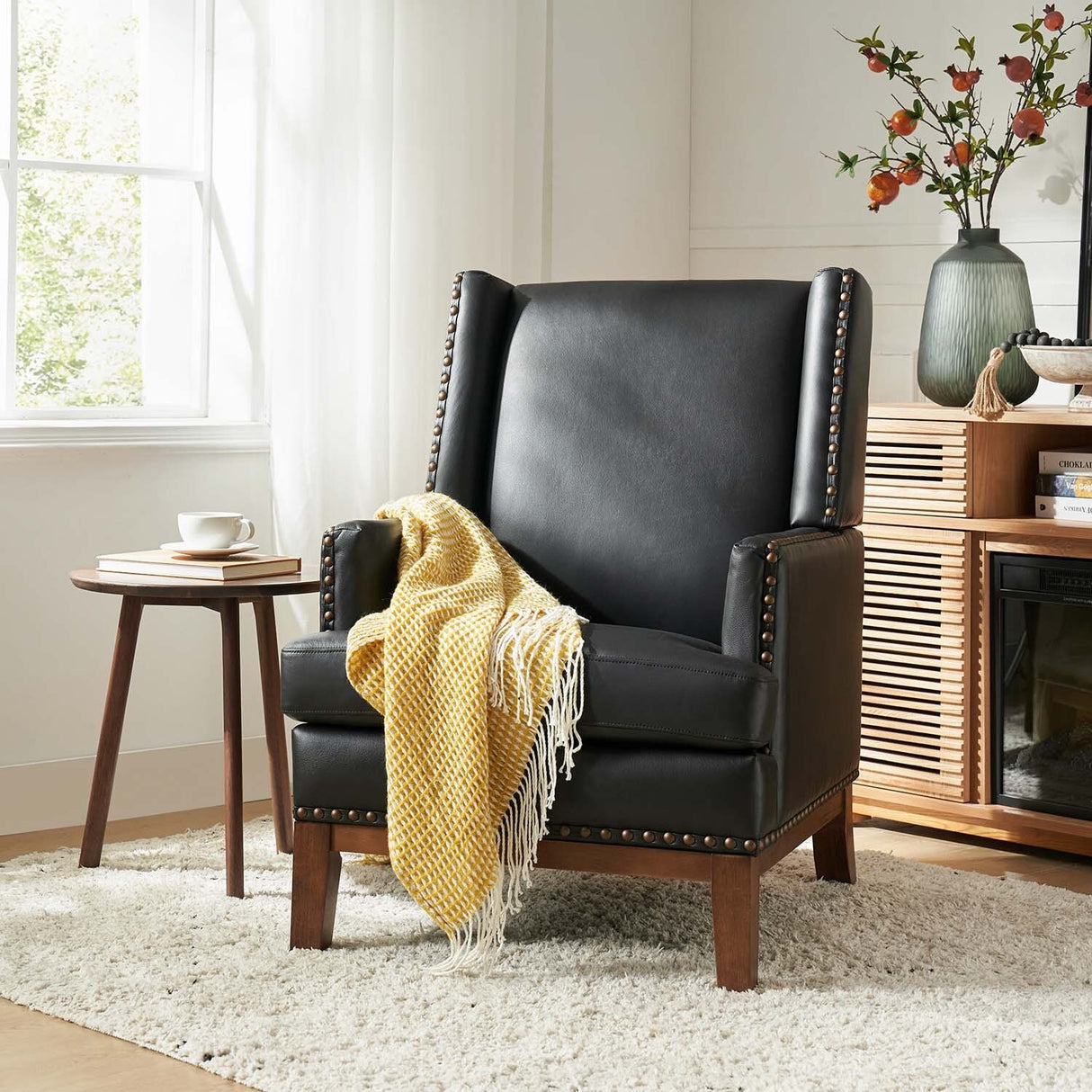 Lourdes Genuine Leather Armchair with Solid Wood Frame and Removable Seat Cushion by HULALA HOME