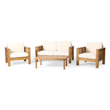 Louver Outdoor Acacia Wood Outdoor 4pc Chat Set with Cushions by Christopher Knight Home