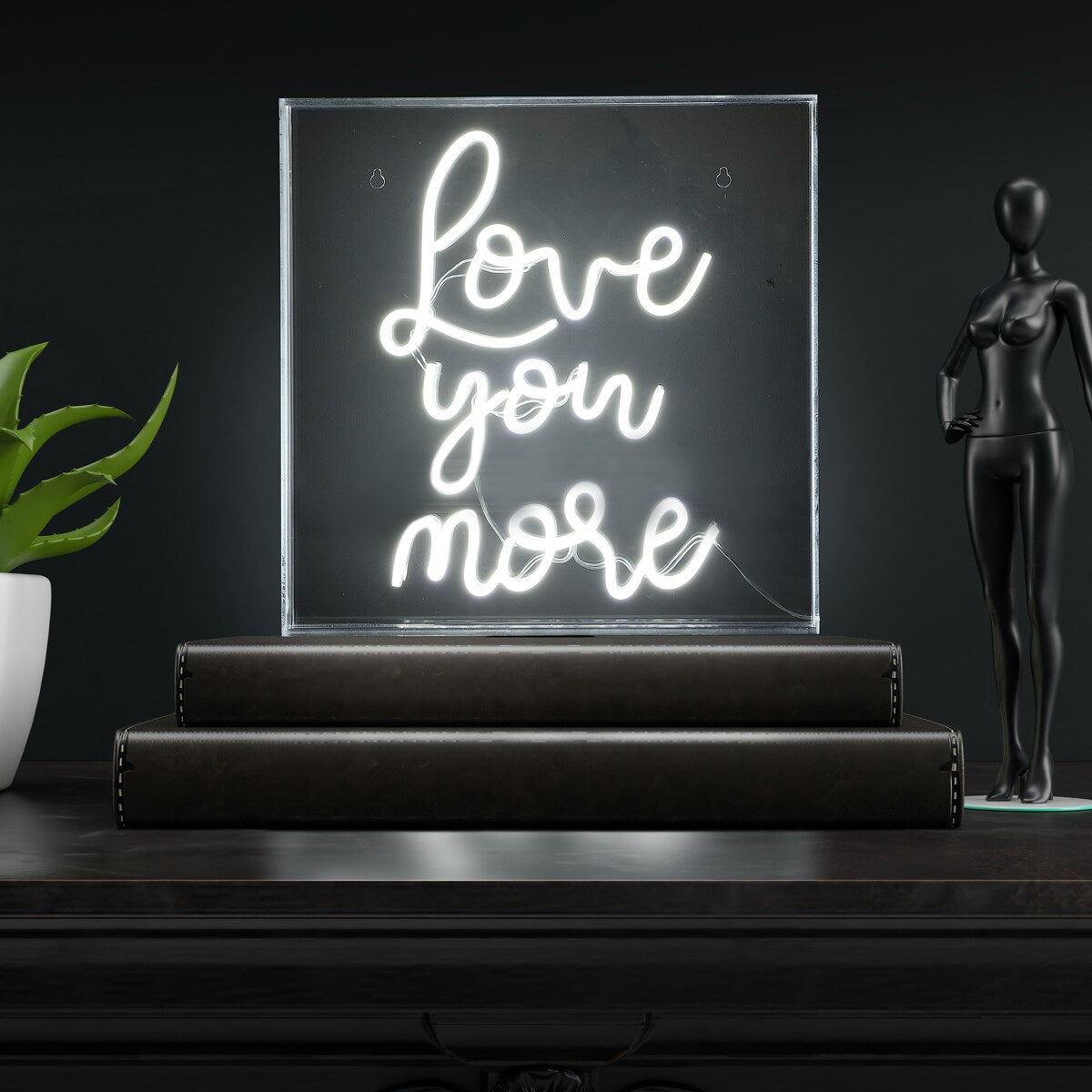Love You More 15" Square Contemporary Glam Acrylic Box USB Operated LED Neon Light, White by JONATHAN Y