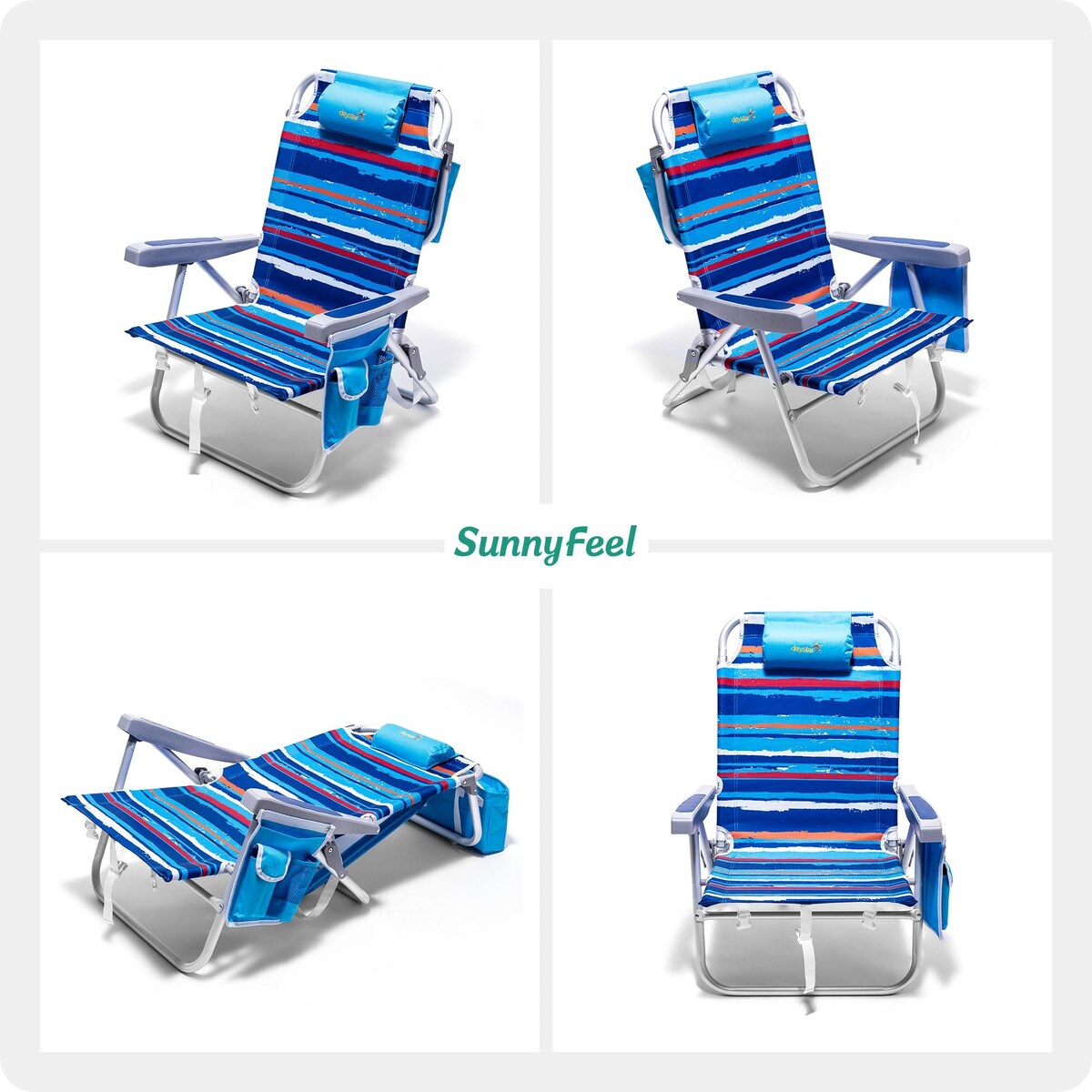 Low Beach Chair 5 Position Lay Flat, Portable Folding Backpack Beach Chairs Heavy Duty with Cooler Bag, Cup Holder
