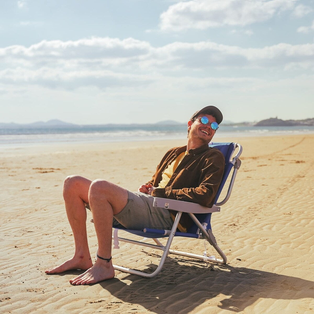 Low Beach Chair 5 Position Lay Flat, Portable Folding Backpack Beach Chairs Heavy Duty with Cooler Bag, Cup Holder