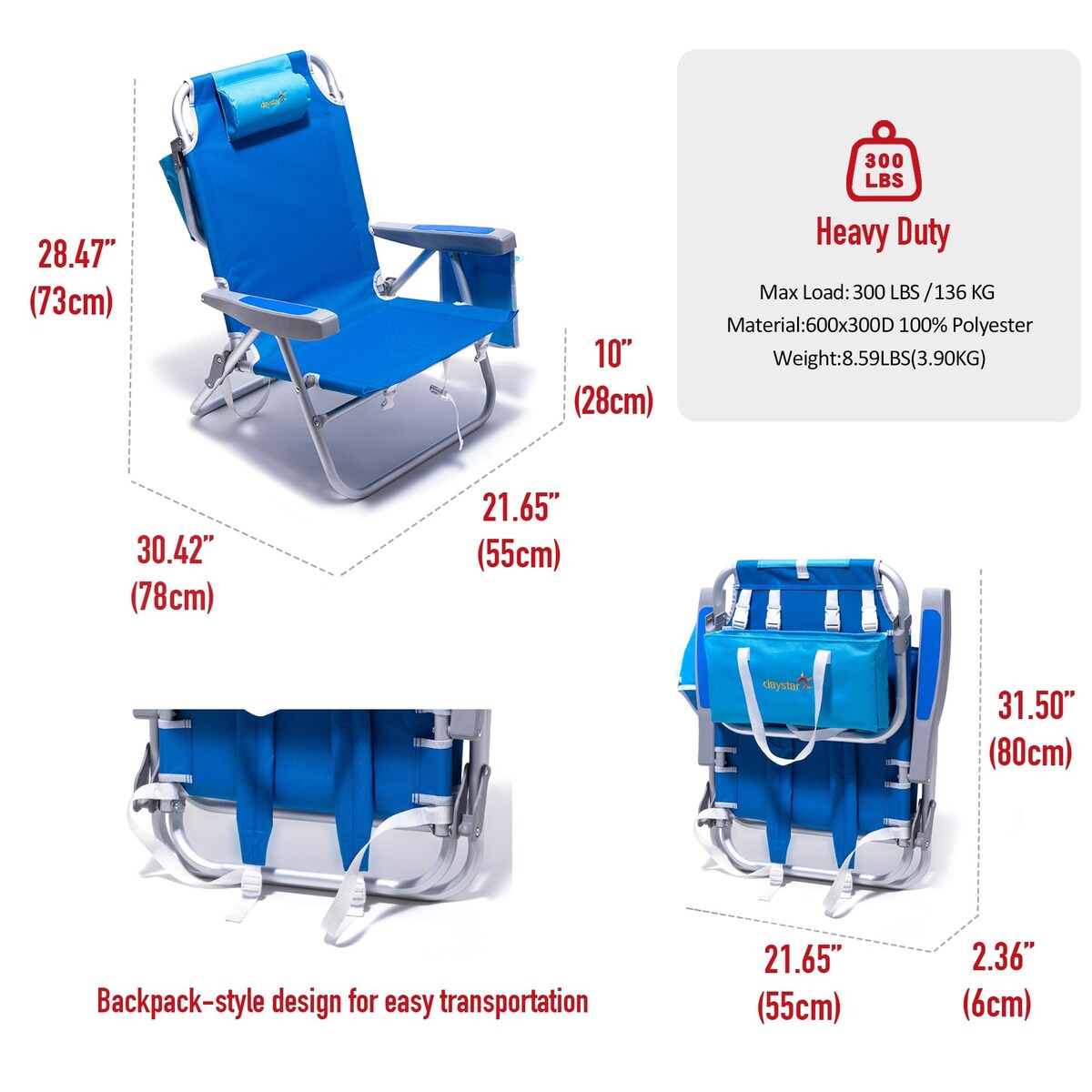 Low Beach Chair 5 Position Lay Flat, Portable Folding Backpack Beach Chairs Heavy Duty with Cooler Bag, Cup Holder